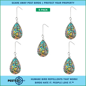 5 Pack PESTEZE® Shiny Water Droplet Repellents with Swivel & Hanger [3.25 x 5 inch] Reflection Scares Pest Birds like Woodpeckers, Sparrows, Pigeons, Crows & Gulls without Harming them to Protect Property