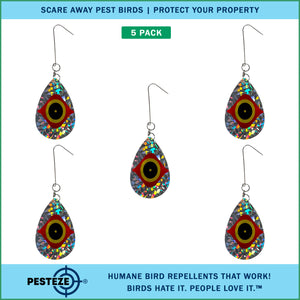 5 Pack PESTEZE® Shiny Scare Eye Water Droplet Repellents With Swivel & Hanger [3.25 x 5 inch] Reflection Scares Pest Birds like Woodpeckers, Sparrows, Pigeons, Crows & Gulls without Harming them to Protect Property