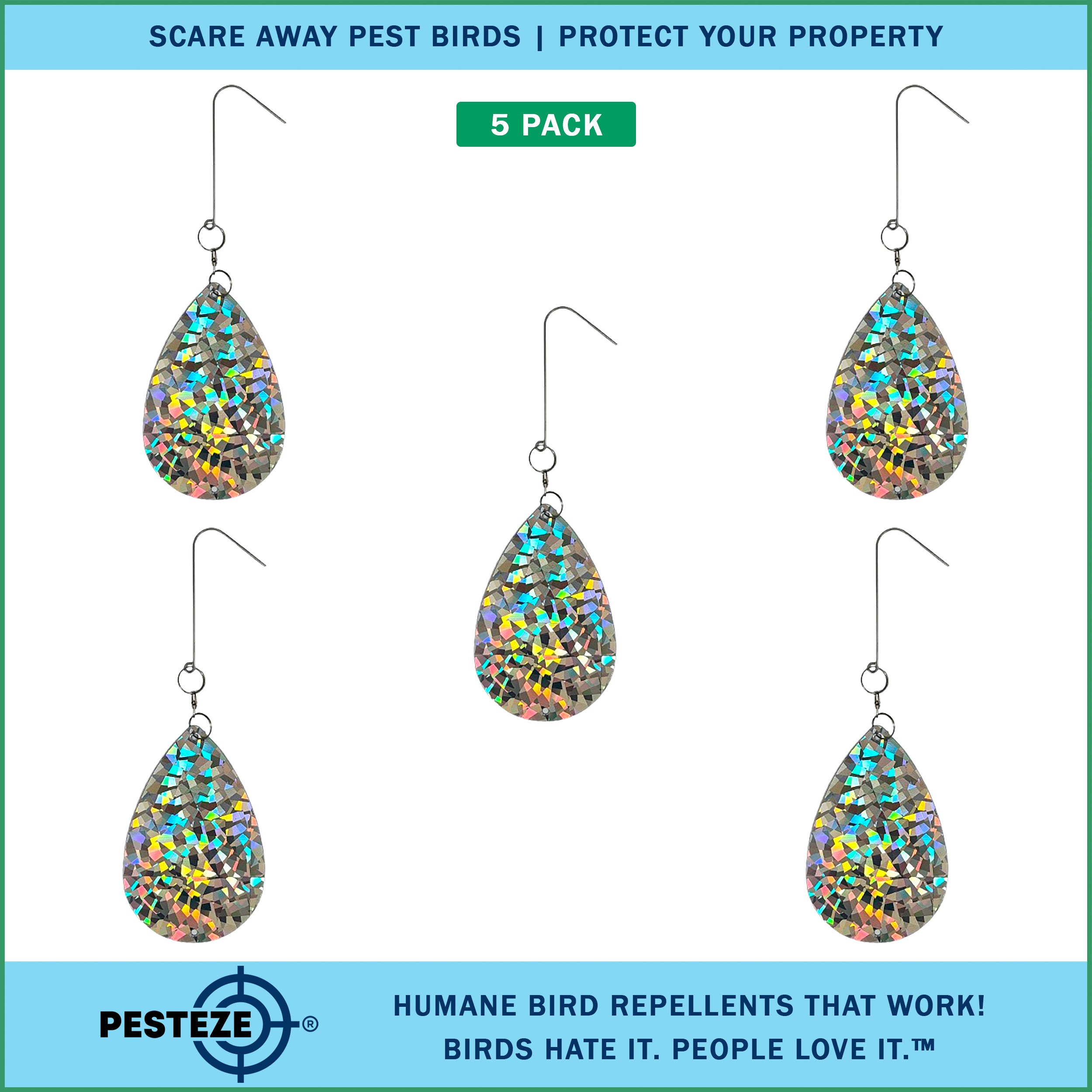 5 Pack PESTEZE® Shiny Water Droplet Repellents with Swivel & Hanger [3.25 x 5 inch] Reflection Scares Pest Birds like Woodpeckers, Sparrows, Pigeons, Crows & Gulls without Harming them to Protect Property