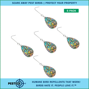 5 Pack PESTEZE® Shiny Water Droplet Repellents with Swivel & Hanger [3.25 x 5 inch] Reflection Scares Pest Birds like Woodpeckers, Sparrows, Pigeons, Crows & Gulls without Harming them to Protect Property