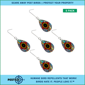 5 Pack PESTEZE® Shiny Scare Eye Water Droplet Repellents With Swivel & Hanger [3.25 x 5 inch] Reflection Scares Pest Birds like Woodpeckers, Sparrows, Pigeons, Crows & Gulls without Harming them to Protect Property