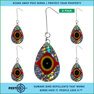 5 Pack PESTEZE® Shiny Scare Eye Water Droplet Repellents With Swivel & Hanger [3.25 x 5 inch] Reflection Scares Pest Birds like Woodpeckers, Sparrows, Pigeons, Crows & Gulls without Harming them to Protect Property