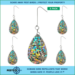 5 Pack PESTEZE® Shiny Water Droplet Repellents with Swivel & Hanger [3.25 x 5 inch] Reflection Scares Pest Birds like Woodpeckers, Sparrows, Pigeons, Crows & Gulls without Harming them to Protect Property