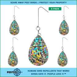 5 Pack PESTEZE® Shiny Water Droplet Repellents with Swivel & Hanger [3.25 x 5 inch] Reflection Scares Pest Birds like Woodpeckers, Sparrows, Pigeons, Crows & Gulls without Harming them to Protect Property