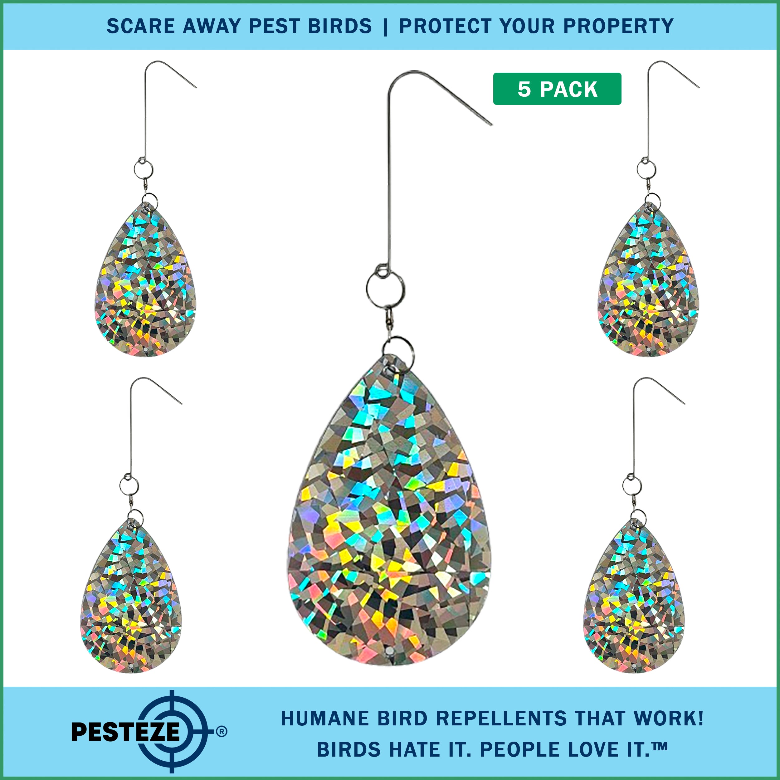 5 Pack PESTEZE® Shiny Water Droplet Repellents with Swivel & Hanger [3.25 x 5 inch] Reflection Scares Pest Birds like Woodpeckers, Sparrows, Pigeons, Crows & Gulls without Harming them to Protect Property