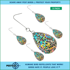 5 Pack PESTEZE® Shiny Water Droplet Repellents with Swivel & Hanger [3.25 x 5 inch] Reflection Scares Pest Birds like Woodpeckers, Sparrows, Pigeons, Crows & Gulls without Harming them to Protect Property