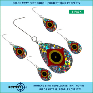 5 Pack PESTEZE® Shiny Scare Eye Water Droplet Repellents With Swivel & Hanger [3.25 x 5 inch] Reflection Scares Pest Birds like Woodpeckers, Sparrows, Pigeons, Crows & Gulls without Harming them to Protect Property