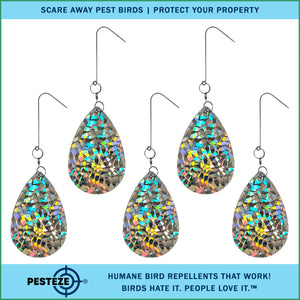 5 Pack PESTEZE® Shiny Water Droplet Repellents with Swivel & Hanger [3.25 x 5 inch] Reflection Scares Pest Birds like Woodpeckers, Sparrows, Pigeons, Crows & Gulls without Harming them to Protect Property