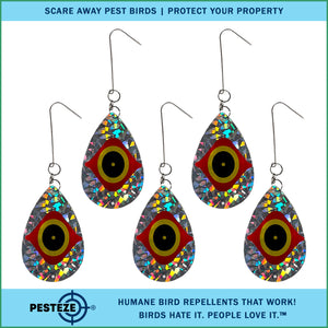 5 Pack PESTEZE® Shiny Scare Eye Water Droplet Repellents With Swivel & Hanger [3.25 x 5 inch] Reflection Scares Pest Birds like Woodpeckers, Sparrows, Pigeons, Crows & Gulls without Harming them to Protect Property