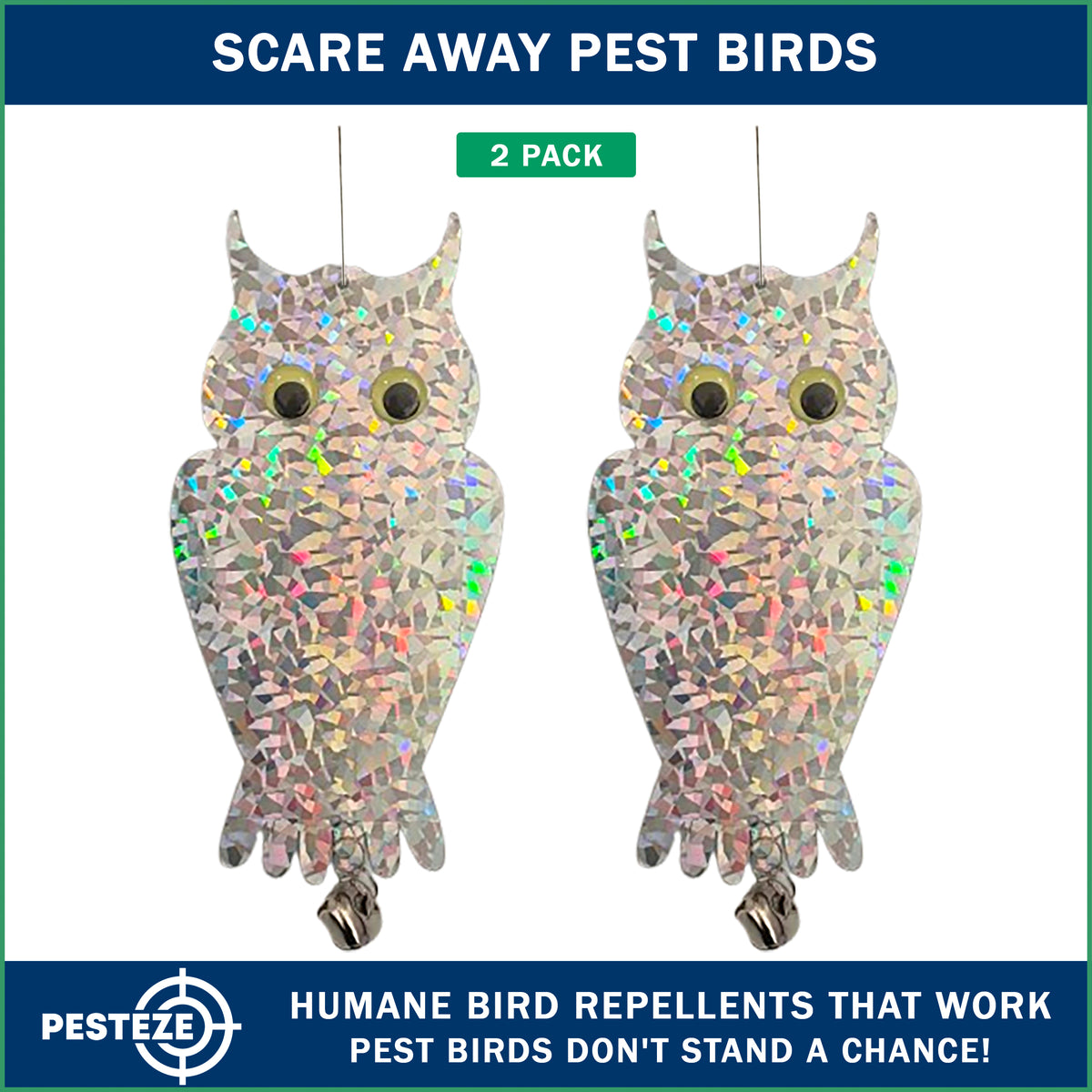 PESTEZE® USA Owl Bird Deterrent Reflective Hanging Decoy Repellent with Bell, 2 Pack 6 x 13.5 in Shiny Scare Device Keep Birds Away Outdoor Porch Garden Yard Patio Protect Property