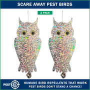 PESTEZE® USA Owl Bird Deterrent Reflective Hanging Decoy Repellent with Bell, 2 Pack 6 x 13.5 in Shiny Scare Device Keep Birds Away Outdoor Porch Garden Yard Patio Protect Property