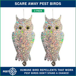 2 Pack PESTEZE® Holographic Shiny Owl Bird Repellent with Bell [6 x 13.5 inch] Reflection Scares Pest Birds like Woodpeckers, Sparrows, Pigeons, Crows, & Gulls Without Harming them to Protect Property