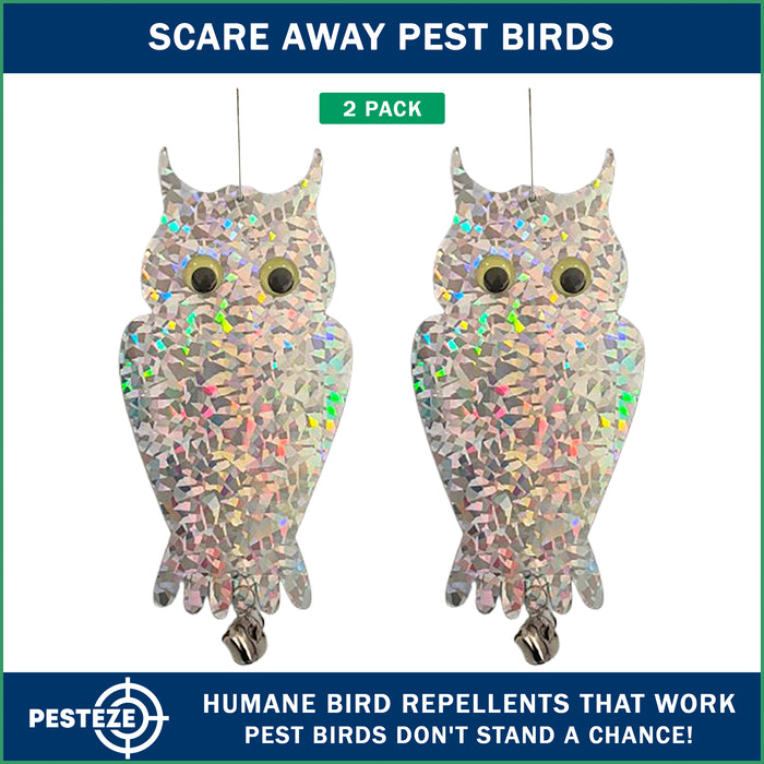 2 Pack PESTEZE® Holographic Shiny Owl Bird Repellent with Bell [6 x 13.5 inch] Reflection Scares Pest Birds like Woodpeckers, Sparrows, Pigeons, Crows, & Gulls Without Harming them to Protect Property