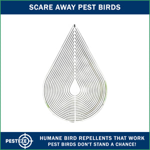 PESTEZE® Water Droplet Stainless Steel Highly Reflective Decorative 3D Wind Spinner for Repelling Unwanted Pest Birds & Critters. 4 x 9.25 Inch Premium Shiny, Attractive, Durable & Humane Bird Deterrent