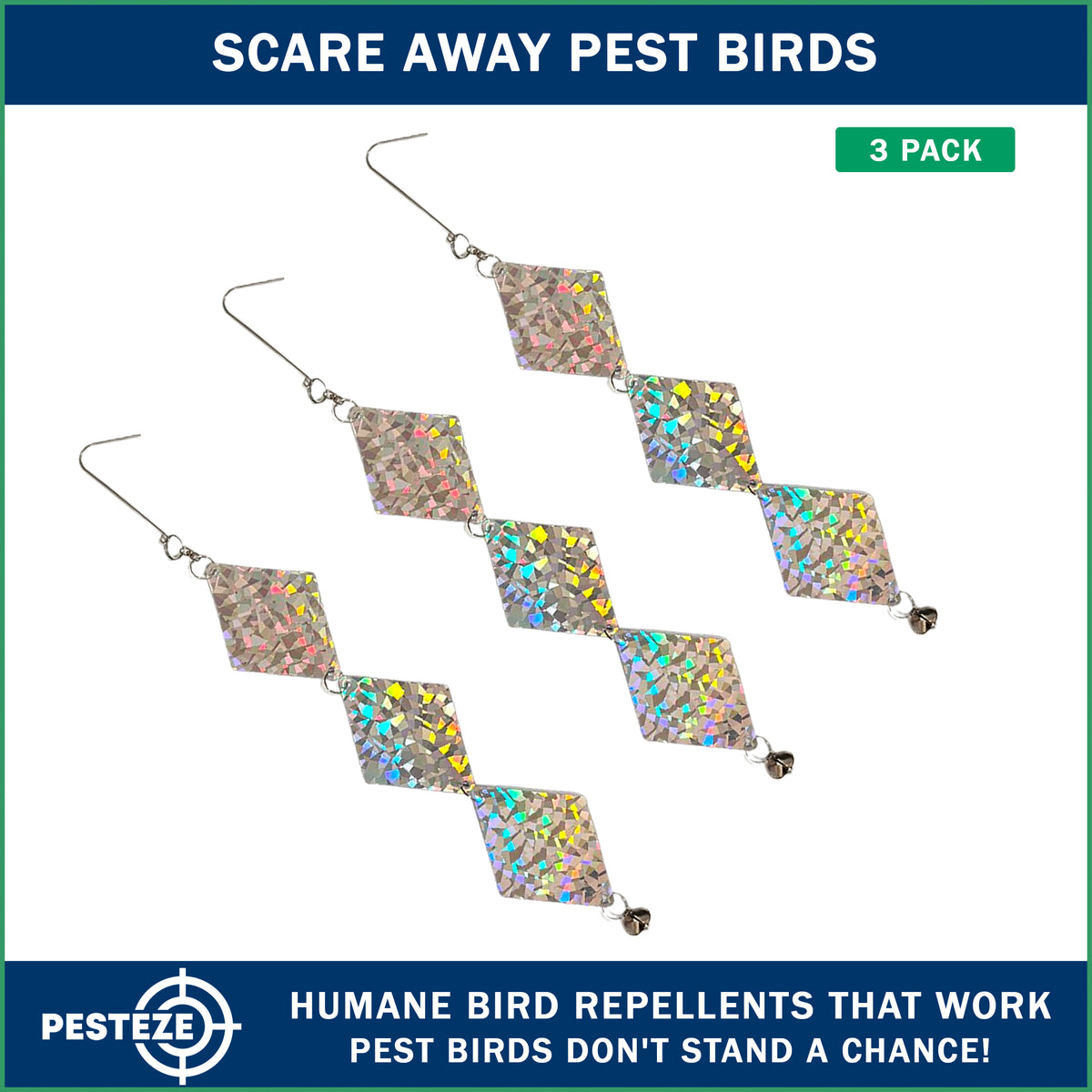 PESTEZE® USA Bird Deterrent Holographic Reflective Circles with Bell Hanging Repellent, 3 Pack 3.25 x 18.5 Inch Shiny Flash Scare Birds Away Outdoor for Porch Garden Yard Deck Balcony Roof Protection