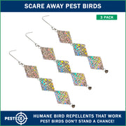 PESTEZE® USA Bird Deterrent Holographic Reflective Circles with Bell Hanging Repellent, 3 Pack 3.25 x 18.5 Inch Shiny Flash Scare Birds Away Outdoor for Porch Garden Yard Deck Balcony Roof Protection