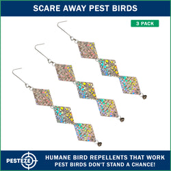 3 Pack PESTEZE® Set of 3 Shiny Holographic Squares with Bell [3.25 x 18.5 inch] Reflection Scares Pest Birds like Woodpeckers, Sparrows, Pigeons, Crows & Gulls without Harming them to Protect Property