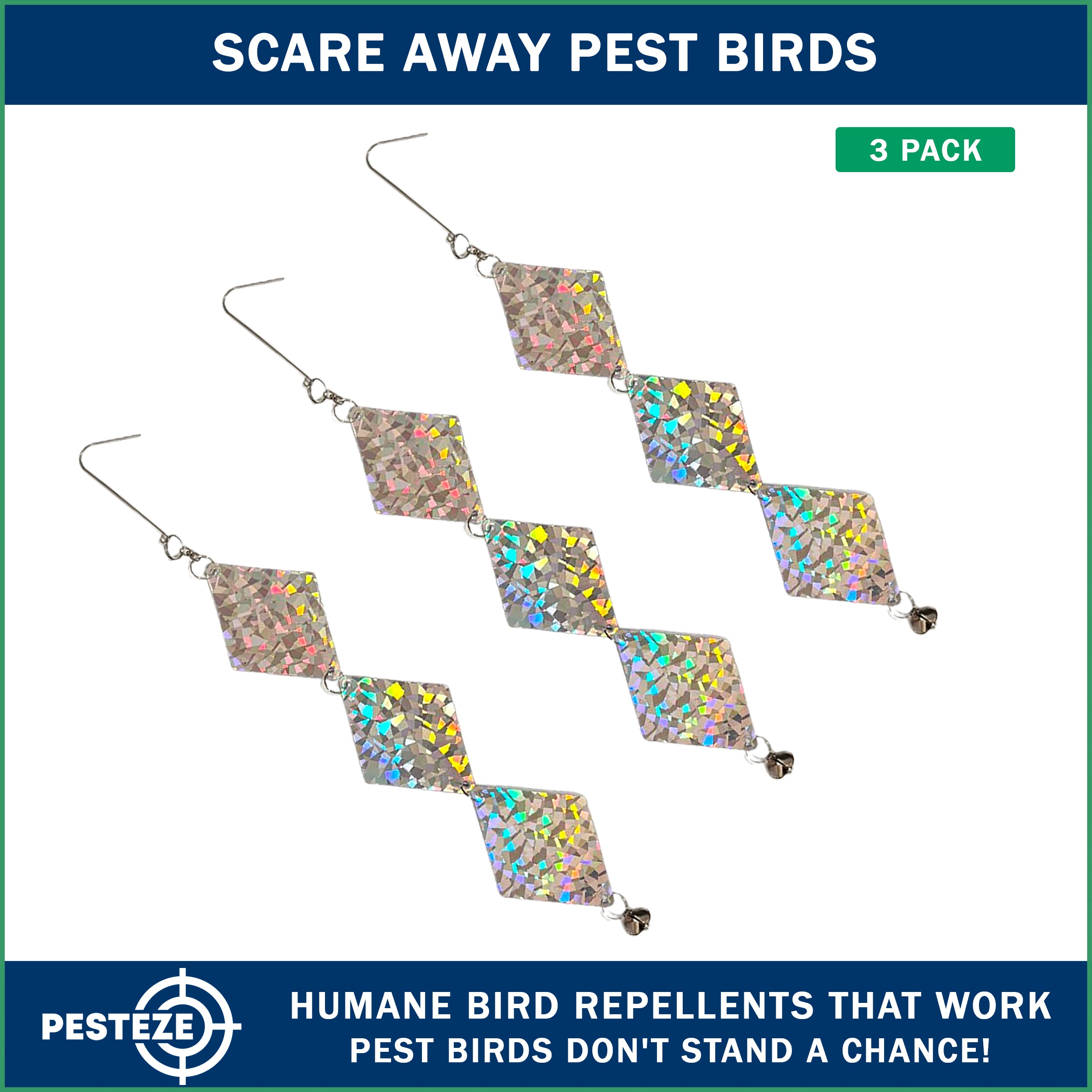 3 Pack PESTEZE® Set of 3 Shiny Holographic Squares with Bell [3.25 x 18.5 inch] Reflection Scares Pest Birds like Woodpeckers, Sparrows, Pigeons, Crows & Gulls without Harming them to Protect Property