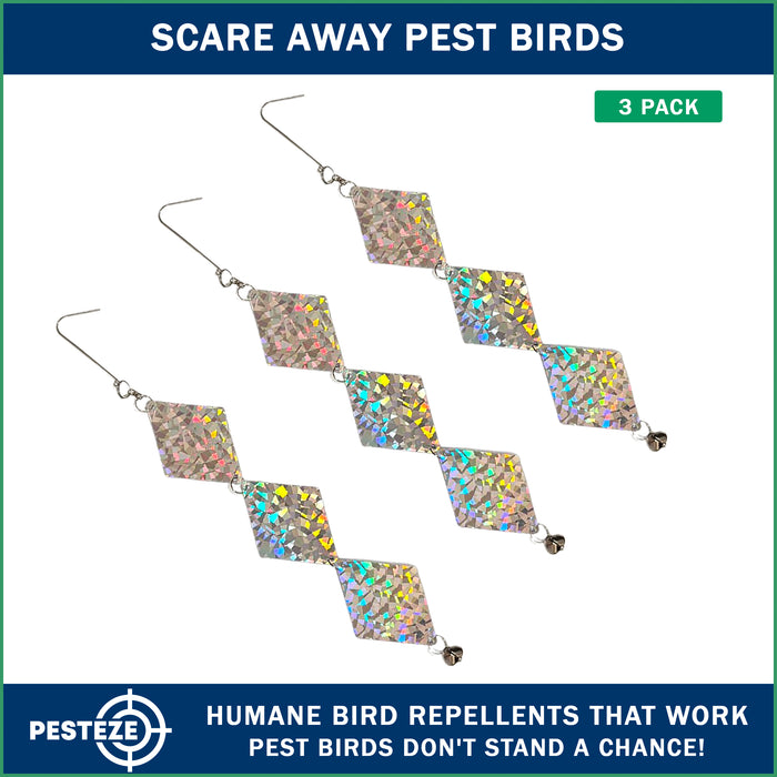 3 Pack PESTEZE® Set of 3 Shiny Holographic Squares with Bell [3.25 x 18.5 inch] Reflection Scares Pest Birds like Woodpeckers, Sparrows, Pigeons, Crows & Gulls without Harming them to Protect Property