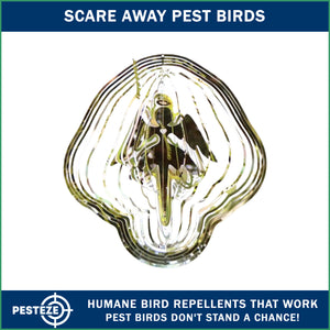 PESTEZE® Large Angel Stainless Steel Highly Reflective Decorative 3D Wind Spinner for Repelling Unwanted Birds & Critters. 11 x15  Inch Premium Shiny, Beautiful & Everlasting Bird Repellent.