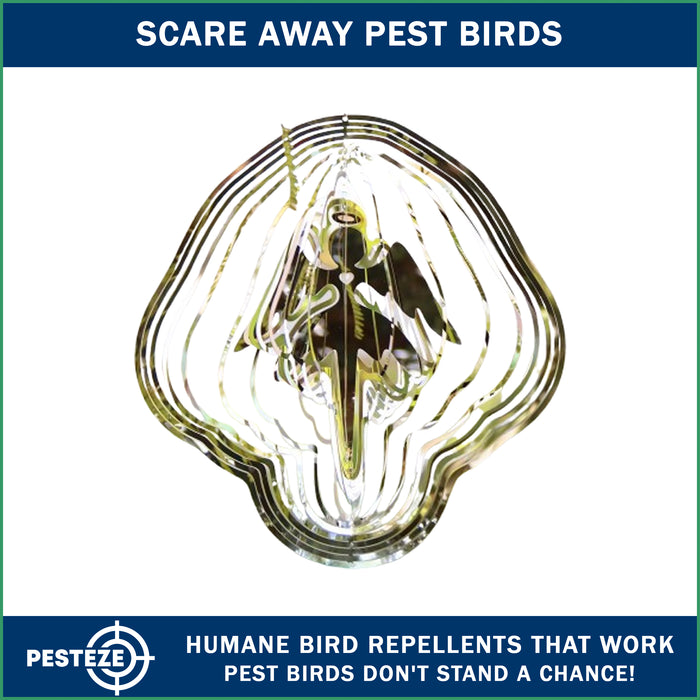 PESTEZE® Large Angel Stainless Steel Highly Reflective Decorative 3D Wind Spinner for Repelling Unwanted Birds & Critters. 11 x15  Inch Premium Shiny, Beautiful & Everlasting Bird Repellent.
