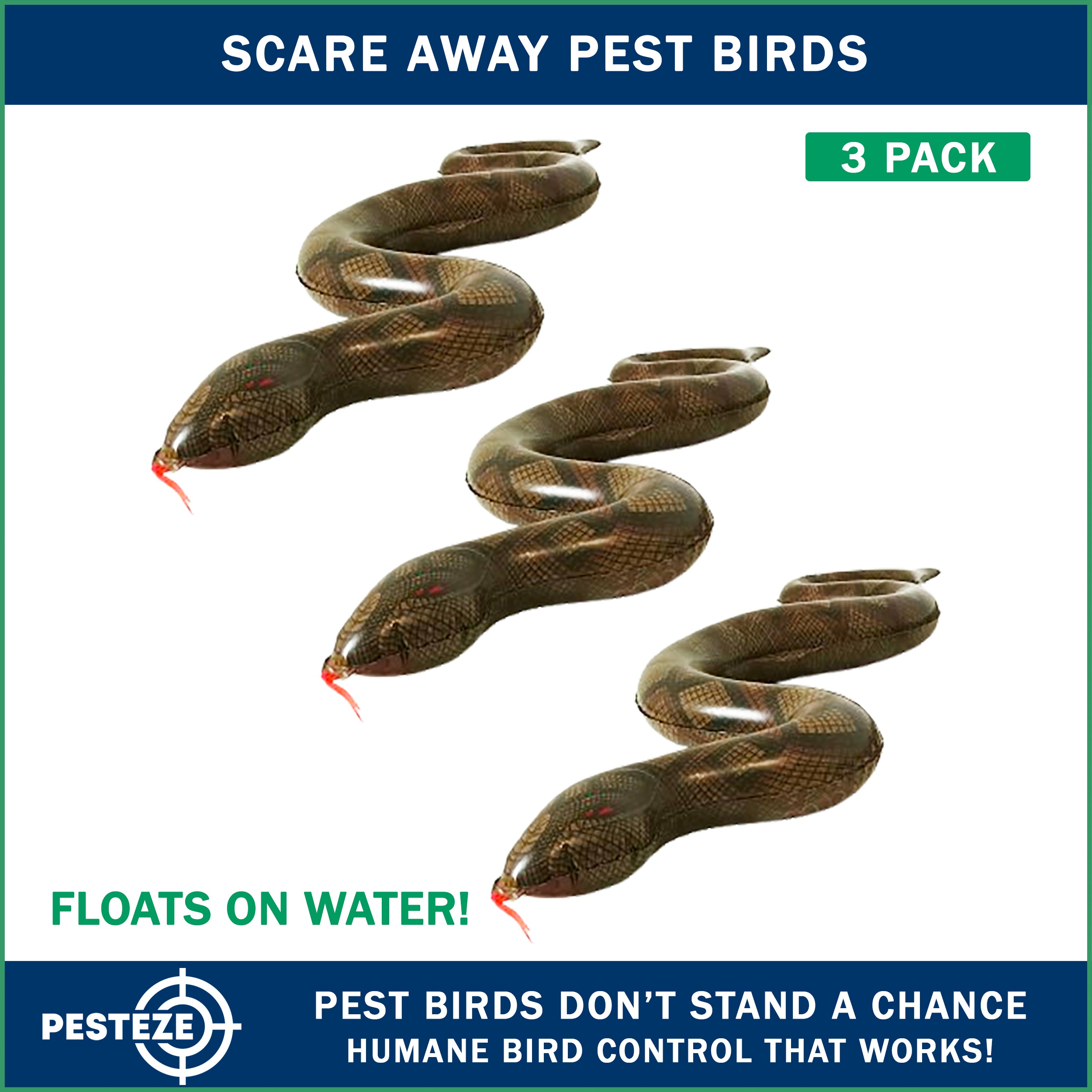 PESTEZE® Brown 39 Inch Realistic Inflatable Snakes [3 Pack] Repels Pest Birds like Woodpeckers, Sparrows, Pigeons, Crows, Gulls & Critters from Pools & Yards without Harming them to Protect Property