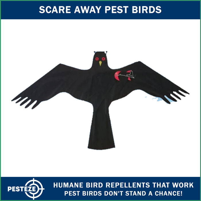 PESTEZE® Black Flying Hawk 54 x 30 Inch Kite Bird Deterrent with 13 ft Flagpole. Use in Yards & Farms to Protect Vegetables, Fruits, Crops & Property from Pest Birds & Critters without Harming them
