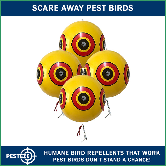 PESTEZE® Large 15" Yellow Bird Predator-Eye Balloon Repellant [4 Pack] Deters Unwanted Pest Birds like Pigeons, Gulls, Geese & Critters from Pools & Yards Without Harming Them To Protect Property