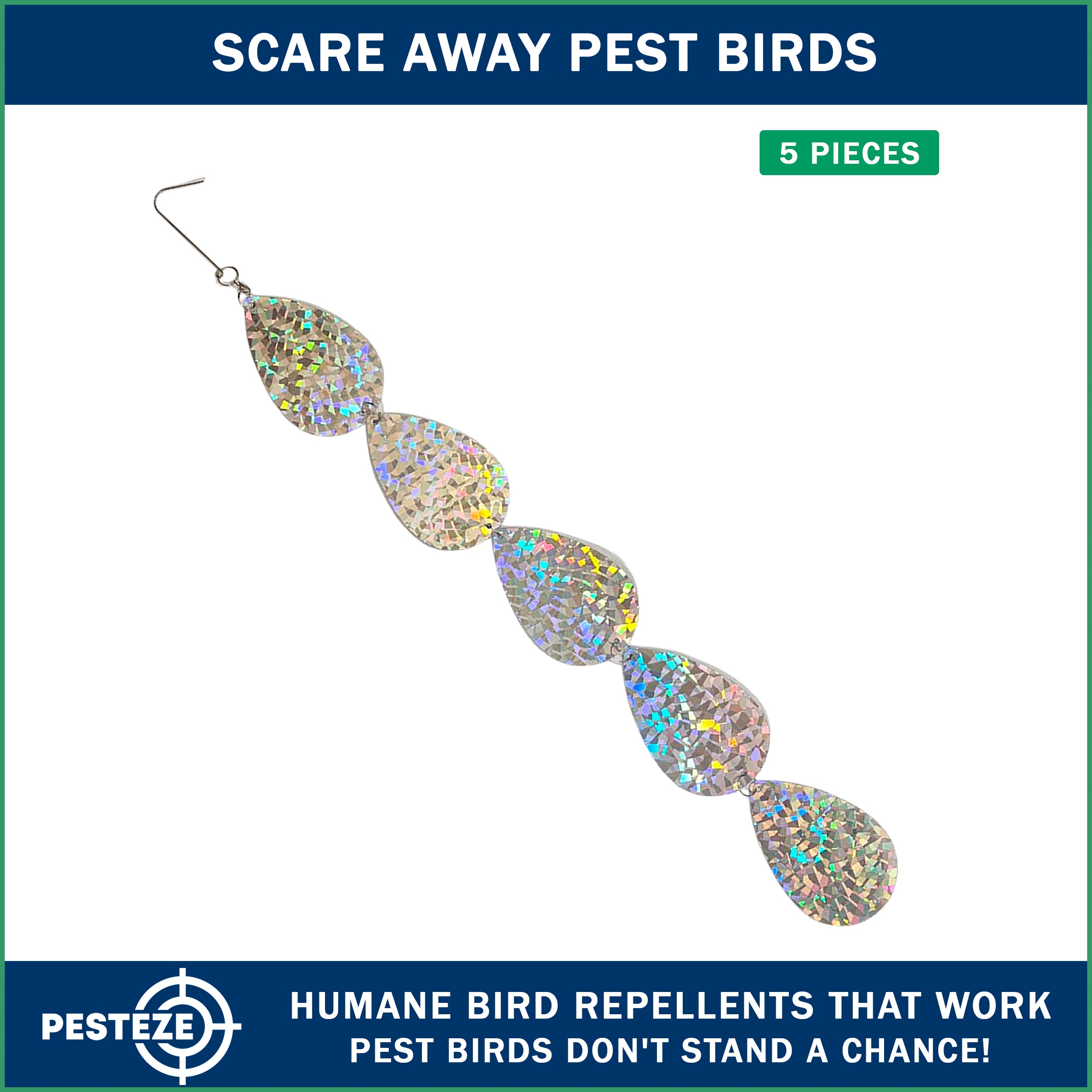5 Piece PESTEZE® Holographic Shiny Water Droplet Repellents [3.25 x 30 inch] Reflection Scares Pest Birds like Woodpeckers, Sparrows, Pigeons, Crows & Gulls without Harming them to Protect Property