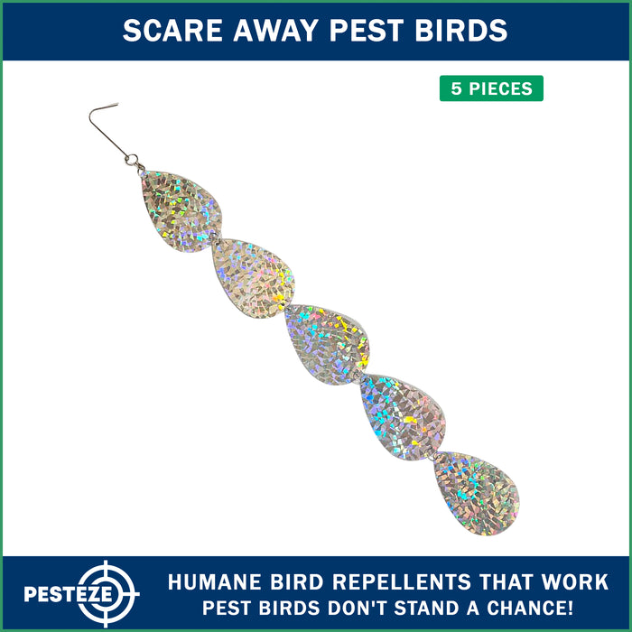 5 Piece PESTEZE® Holographic Shiny Water Droplet Repellents [3.25 x 30 inch] Reflection Scares Pest Birds like Woodpeckers, Sparrows, Pigeons, Crows & Gulls without Harming them to Protect Property