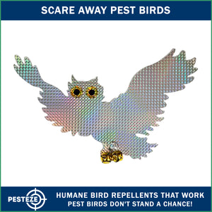 PESTEZE® Holographic Shiny Owl Bird Repellent with 2 Bells [15 x 9.5 inch] Reflection & Sound Scares Woodpeckers, Pigeons, Crows, Ducks, Geese & Critters from Yards without Harming them to Protect Property