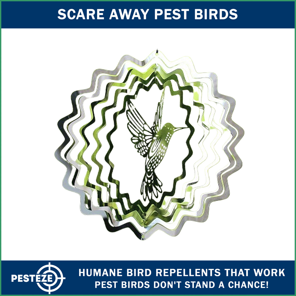 PESTEZE® USA Wind Spinner Stainless Steel Hummingbird 3D Decorative Kinetic Design for Outdoor Garden and Yard Use, Reflective Hanging Art to Deter Pest Bird Activity and Add Beautiful Motion [5×8 in]