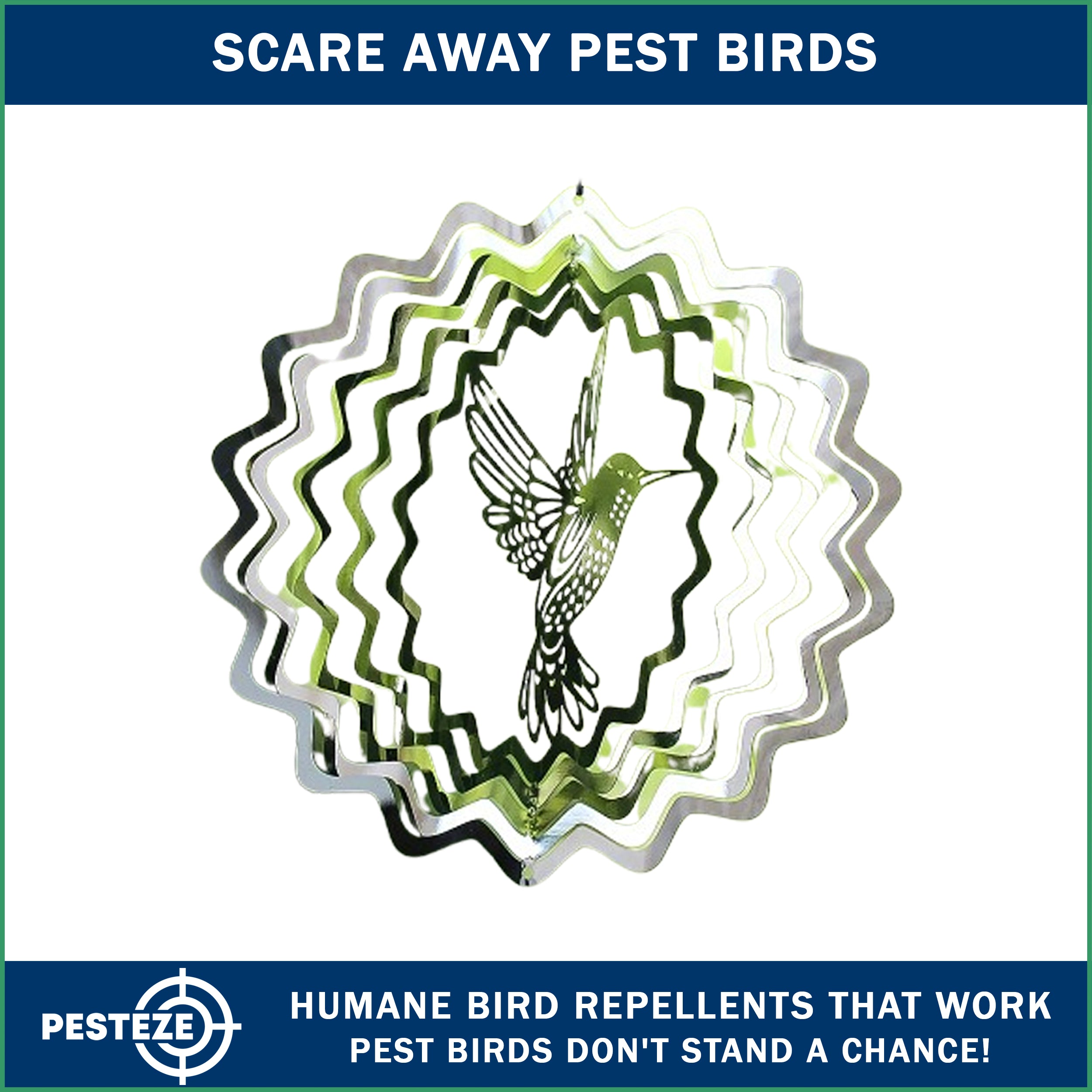 PESTEZE® Hummingbird Stainless Steel Highly Reflective Decorative 3D Wind Spinner for Deterring Unwanted Pest Birds & Critters. 6 X 9 Inch Premium Shiny, Beautiful, Long Lasting & Humane Bird Repellent
