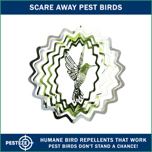 PESTEZE® Hummingbird Stainless Steel Highly Reflective Decorative 3D Wind Spinner for Deterring Unwanted Pest Birds & Critters. 6 X 9 Inch Premium Shiny, Beautiful, Long Lasting & Humane Bird Repellent