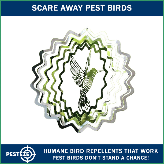 PESTEZE® Hummingbird Stainless Steel Highly Reflective Decorative 3D Wind Spinner for Deterring Unwanted Pest Birds & Critters. 6 X 9 Inch Premium Shiny, Beautiful, Long Lasting & Humane Bird Repellent