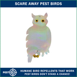 PESTEZE® Holographic Shiny Owl Bird Repellent With 2 Bells [9 x 15 inch] Reflection & Sound Scares Woodpeckers, Pigeons, Crows, Ducks, Geese & Critters from Yards Without Harming them to Protect Property