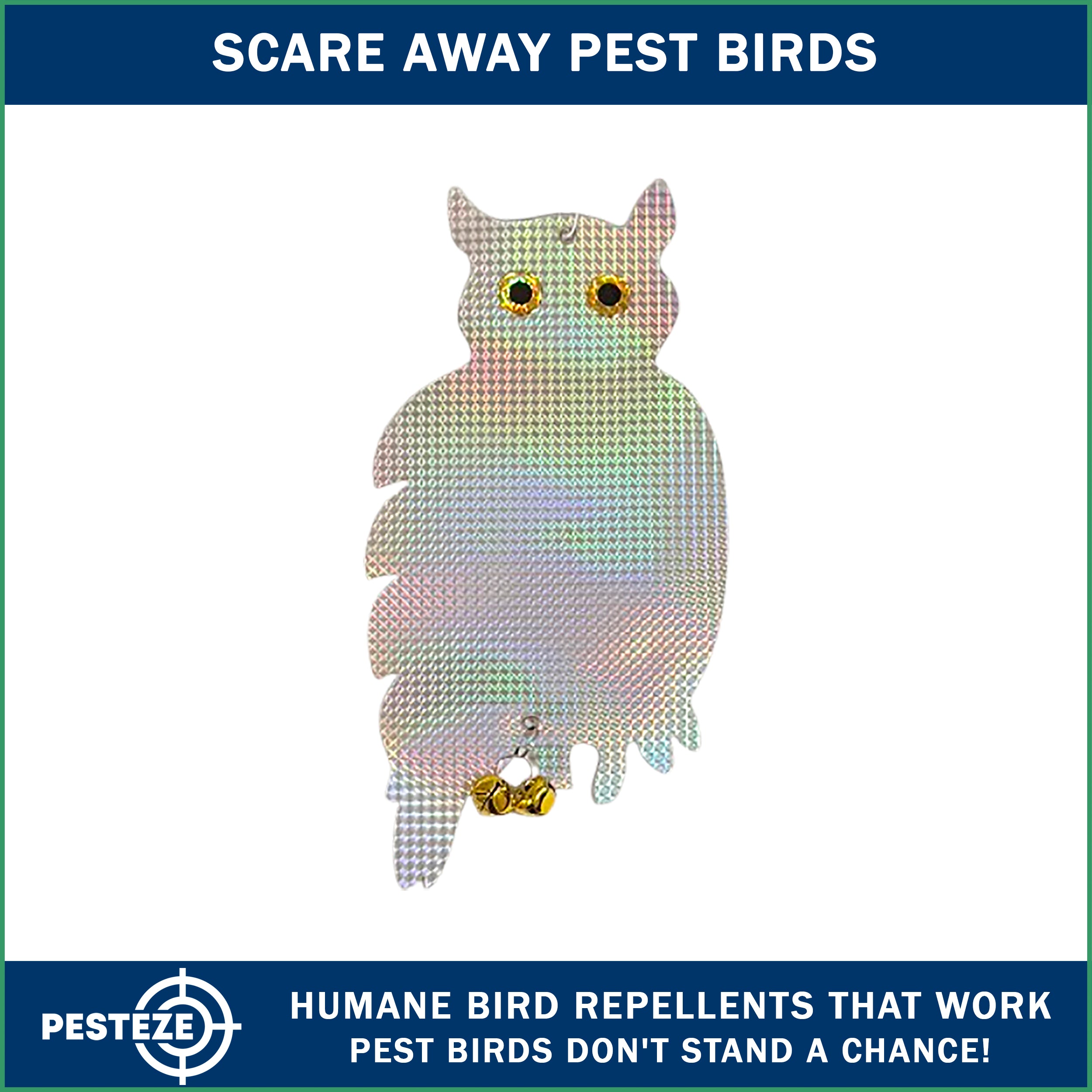 PESTEZE® Holographic Shiny Owl Bird Repellent With 2 Bells [9 x 15 inch] Reflection & Sound Scares Woodpeckers, Pigeons, Crows, Ducks, Geese & Critters from Yards Without Harming them to Protect Property