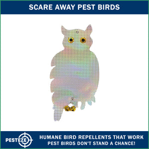 PESTEZE® Holographic Shiny Owl Bird Repellent With 2 Bells [9 x 15 inch] Reflection & Sound Scares Woodpeckers, Pigeons, Crows, Ducks, Geese & Critters from Yards Without Harming them to Protect Property