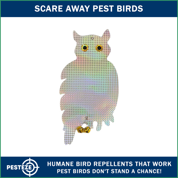 PESTEZE® Holographic Shiny Owl Bird Repellent With 2 Bells [9 x 15 inch] Reflection & Sound Scares Woodpeckers, Pigeons, Crows, Ducks, Geese & Critters from Yards Without Harming them to Protect Property