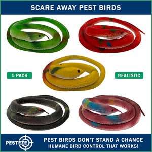 PESTEZE® Variety 27 Inch Realistic Rubber Snakes [5 Pack] Scares Pest Bids like Woodpeckers, Sparrows, Pigeons, Crows, Gulls & Critters without Harming them to Protect Property