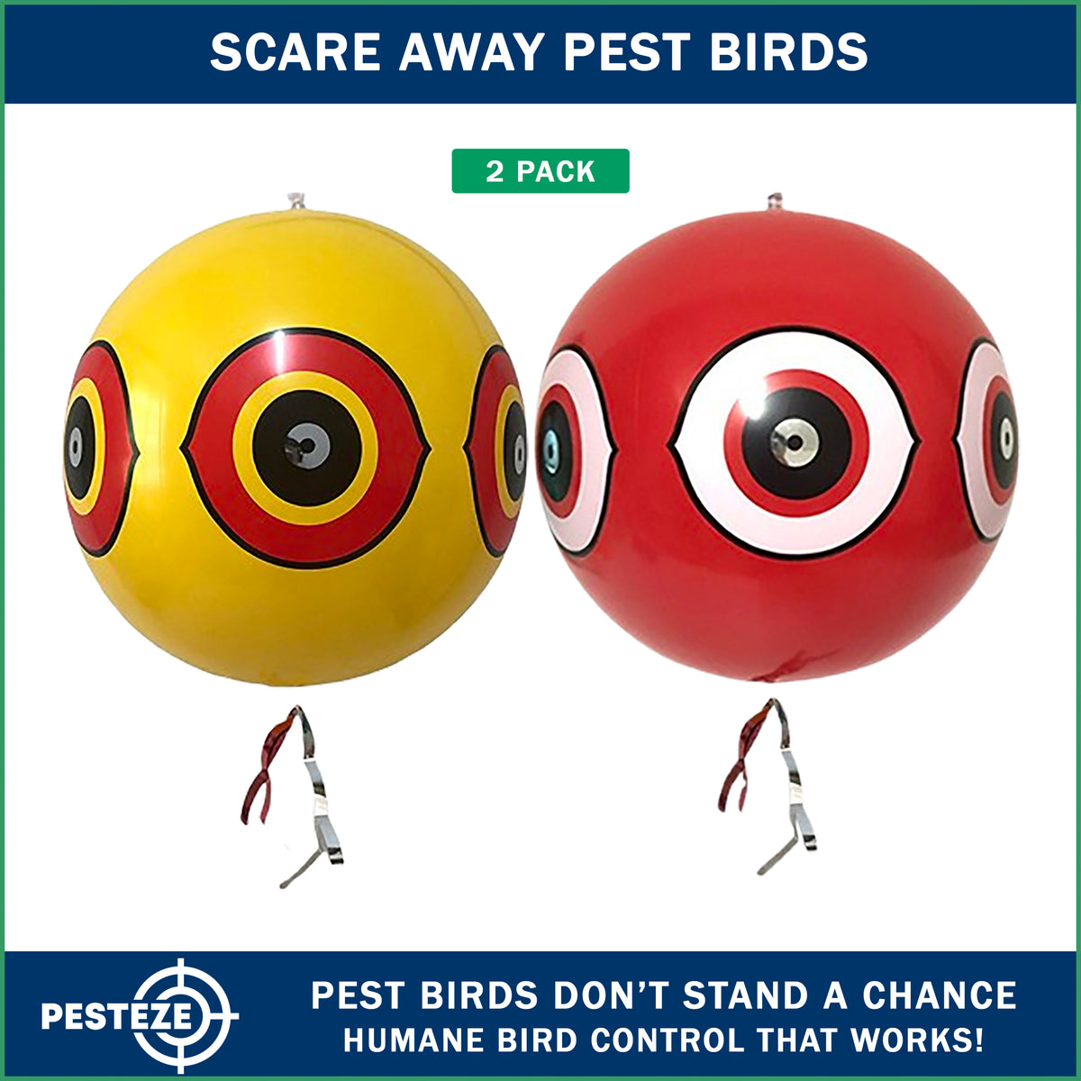 PESTEZE® USA Large 15" Yellow & Red, Bird Predator-Eye Balloon Repellents [2 Pack Multi-Color] Deters Unwanted Pest Birds like Ducks Pigeons, Gulls, Geese & Critters from Pools & Yards Without Harming Them To Protect Property