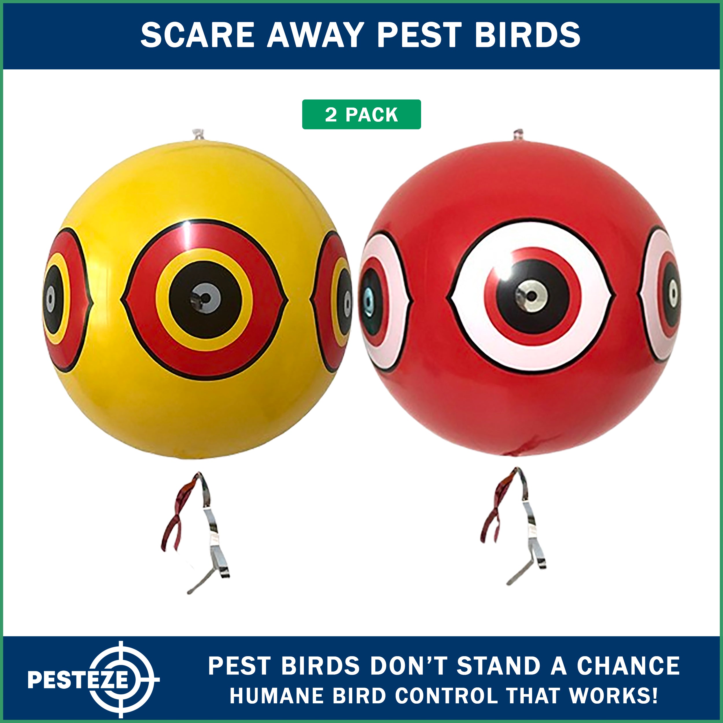 PESTEZE® USA Large 15" Yellow & Red, Bird Predator-Eye Balloon Repellents [2 Pack Multi-Color] Deters Unwanted Pest Birds like Ducks Pigeons, Gulls, Geese & Critters from Pools & Yards Without Harming Them To Protect Property