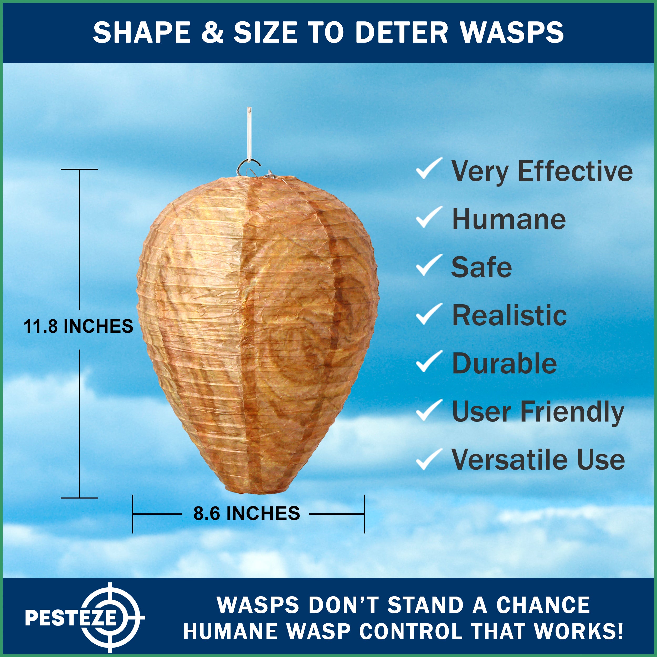 PESTEZE® USA Brown Waterproof Hanging Wasp Decoy Nest [2 Pack] Deters Several Wasp, Hornet & Yellow Jacket Species by Simulating Enemy Hives.