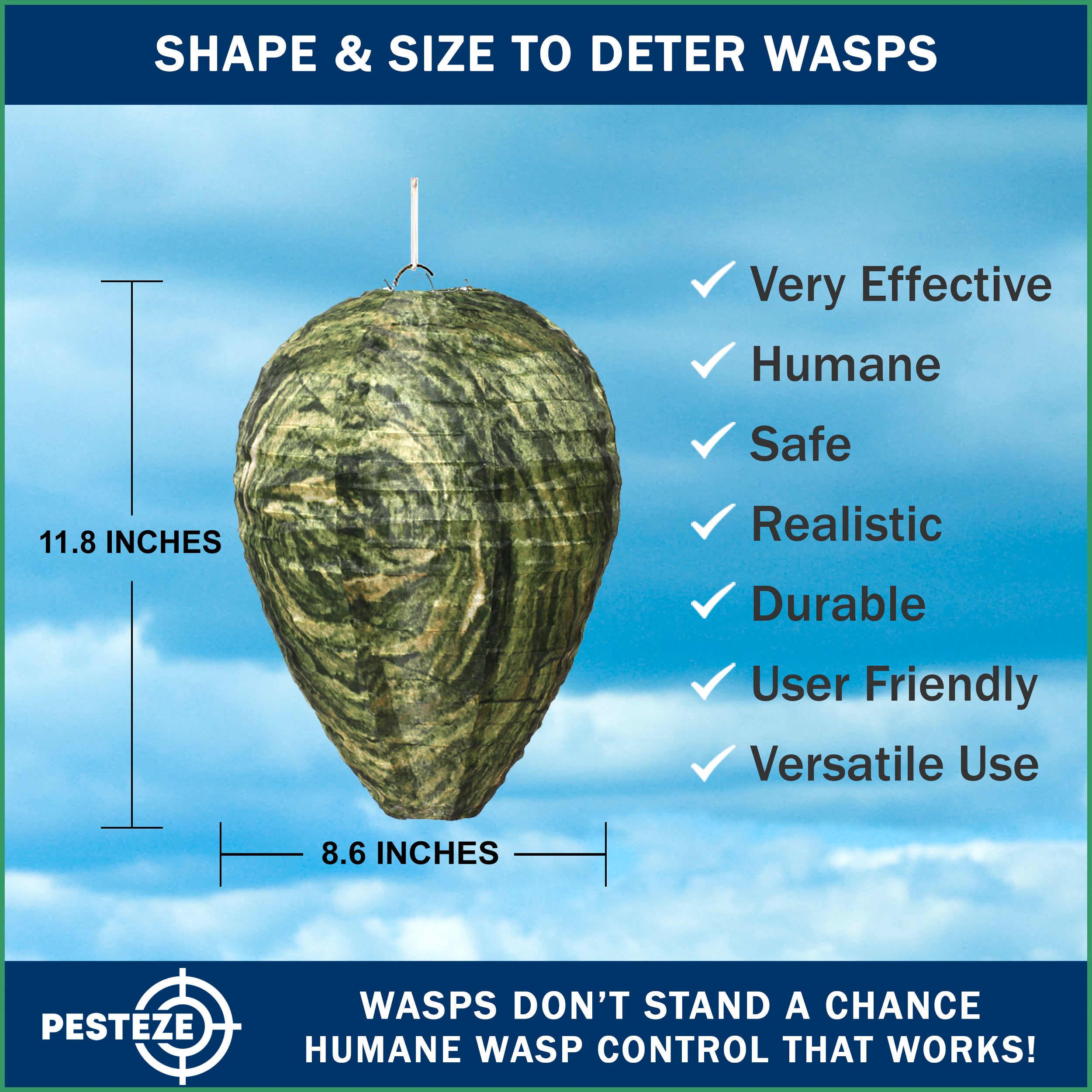 PESTEZE® USA Green Camo Waterproof Hanging Wasp Decoy Nest [11.8 x 8.6 Inch] Deters Several Wasp, Hornet & Yellow Jacket Species by Simulating Enemy Hives.