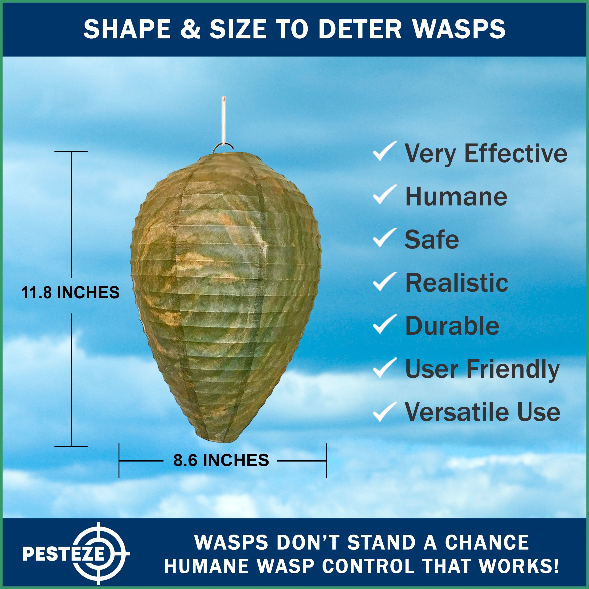 PESTEZE® USA Green Camo Paper Hanging Wasp Decoy Nest [11.8 x 8.6 Inch] Deters Several Wasp, Hornet & Yellow Jacket Species without Harsh Chemicals by Simulating Enemy Hives.