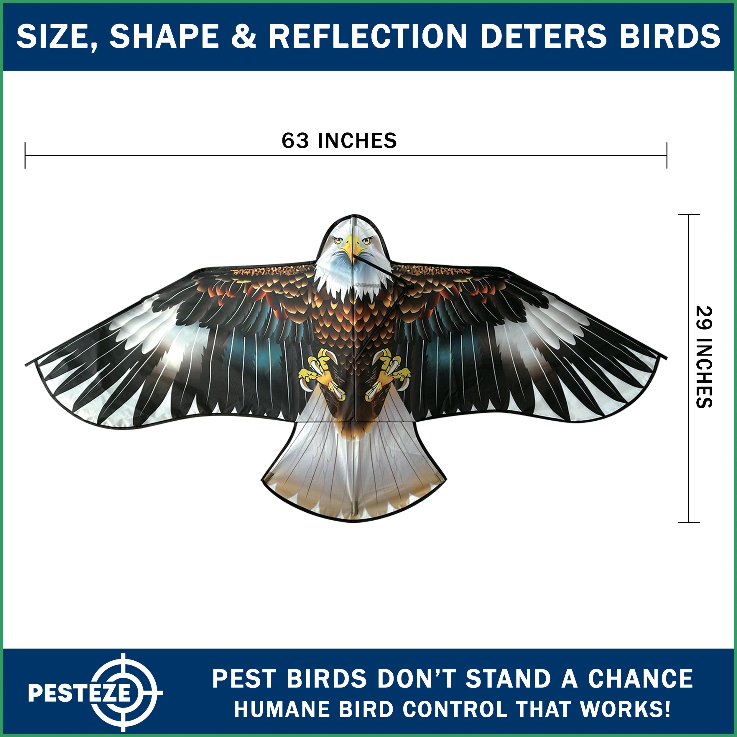 PESTEZE® USA Huge Blue Eagle Kite [63x29 Inch Kite with 13 Ft Flagpole] Provides Humane Bird Deterrence in Yards & Farms. Protects Vegetables, Fruits & Crops from Pest Birds & Critters