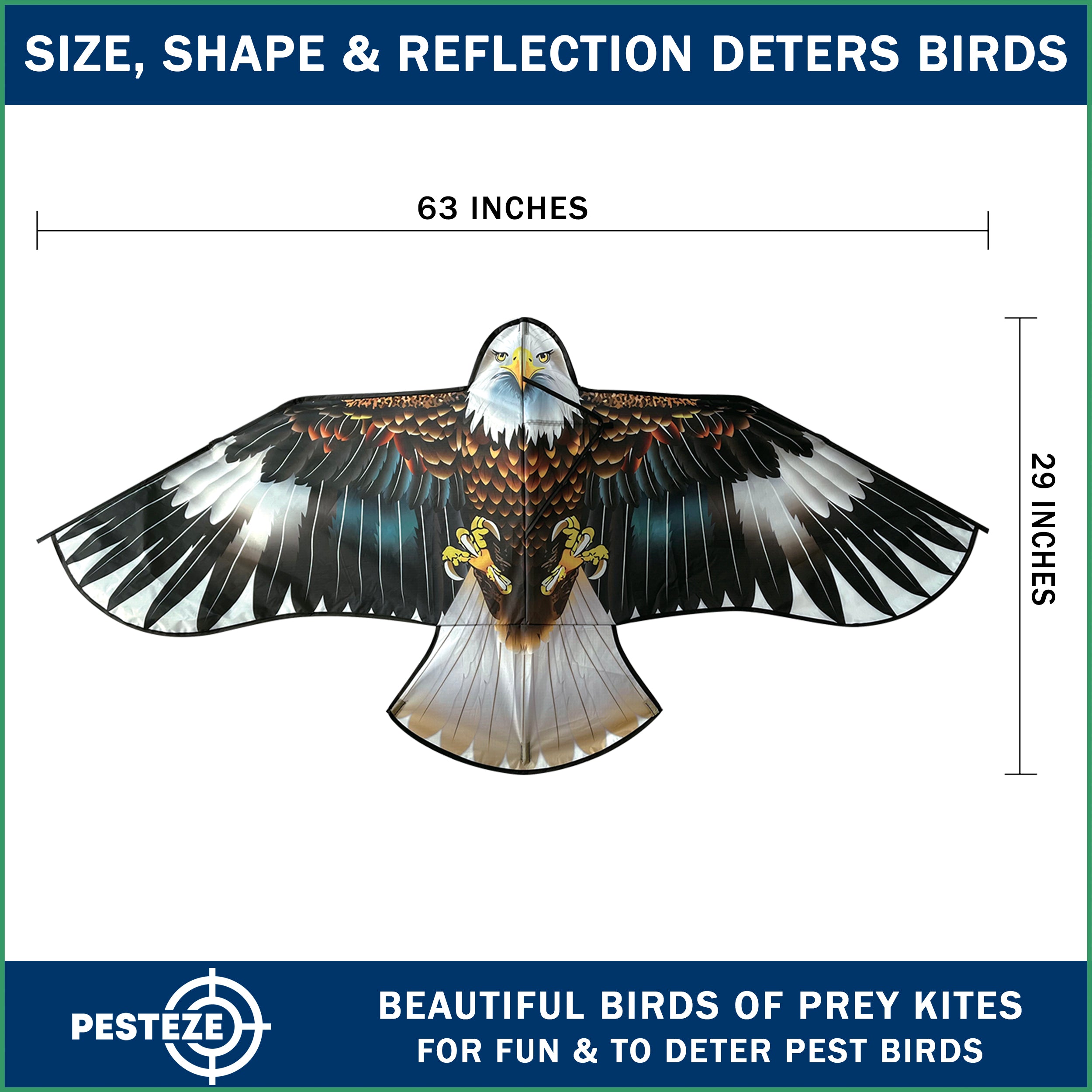 PESTEZE® USA Huge Blue Eagle Kite [2 Pack - 63x29 Inch]. EZ & Fun to Fly. Provides Humane Bird Deterrence in Yards & Farms. Protects Vegetables, Fruits & Crops from Pest Birds