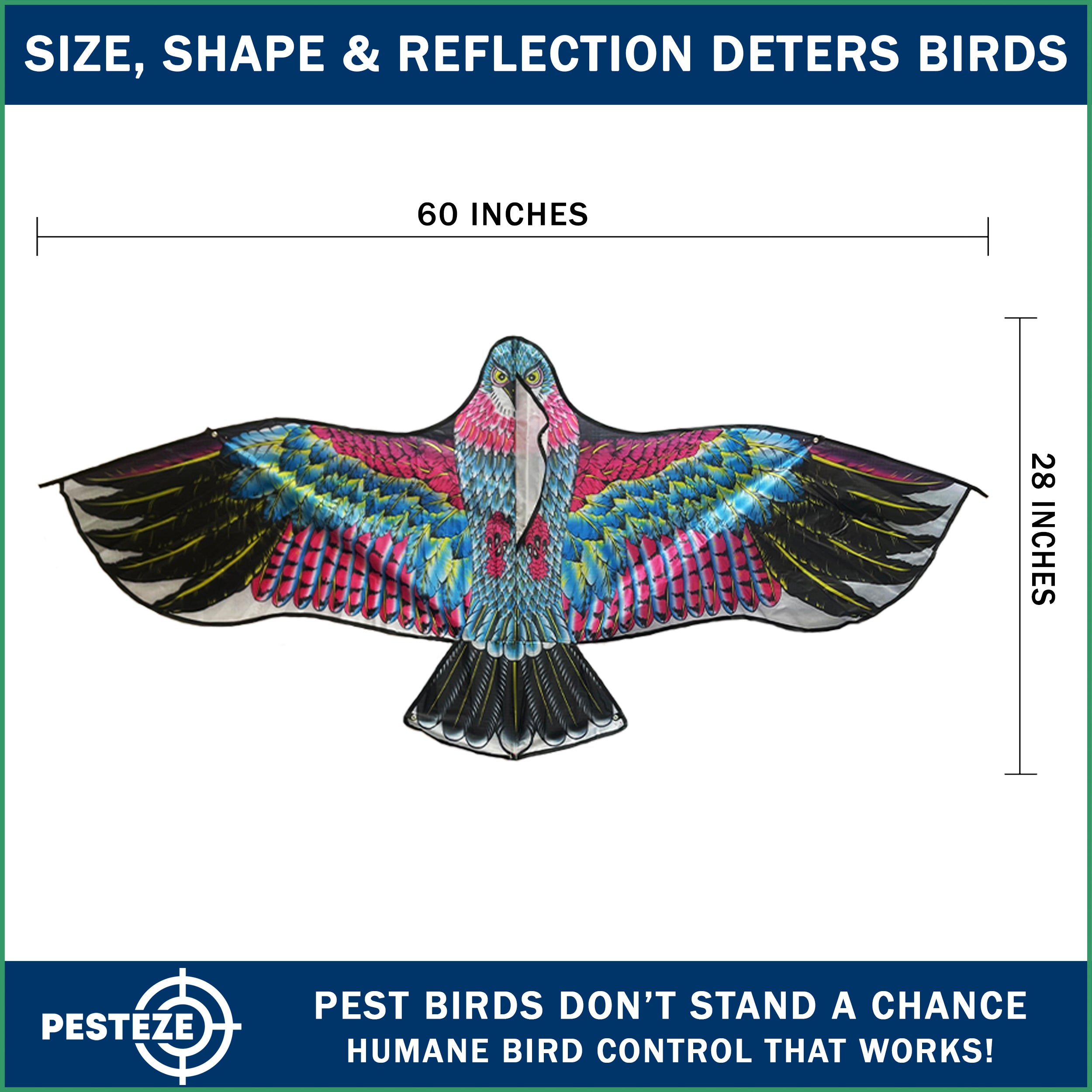PESTEZE® USA Huge Red Eagle Kite [60x28 Inch Kite with 13 Ft Flagpole] Provides Humane Bird Deterrence in Yards & Farms. Protects Vegetables, Fruits & Crops from Pest Birds & Critters