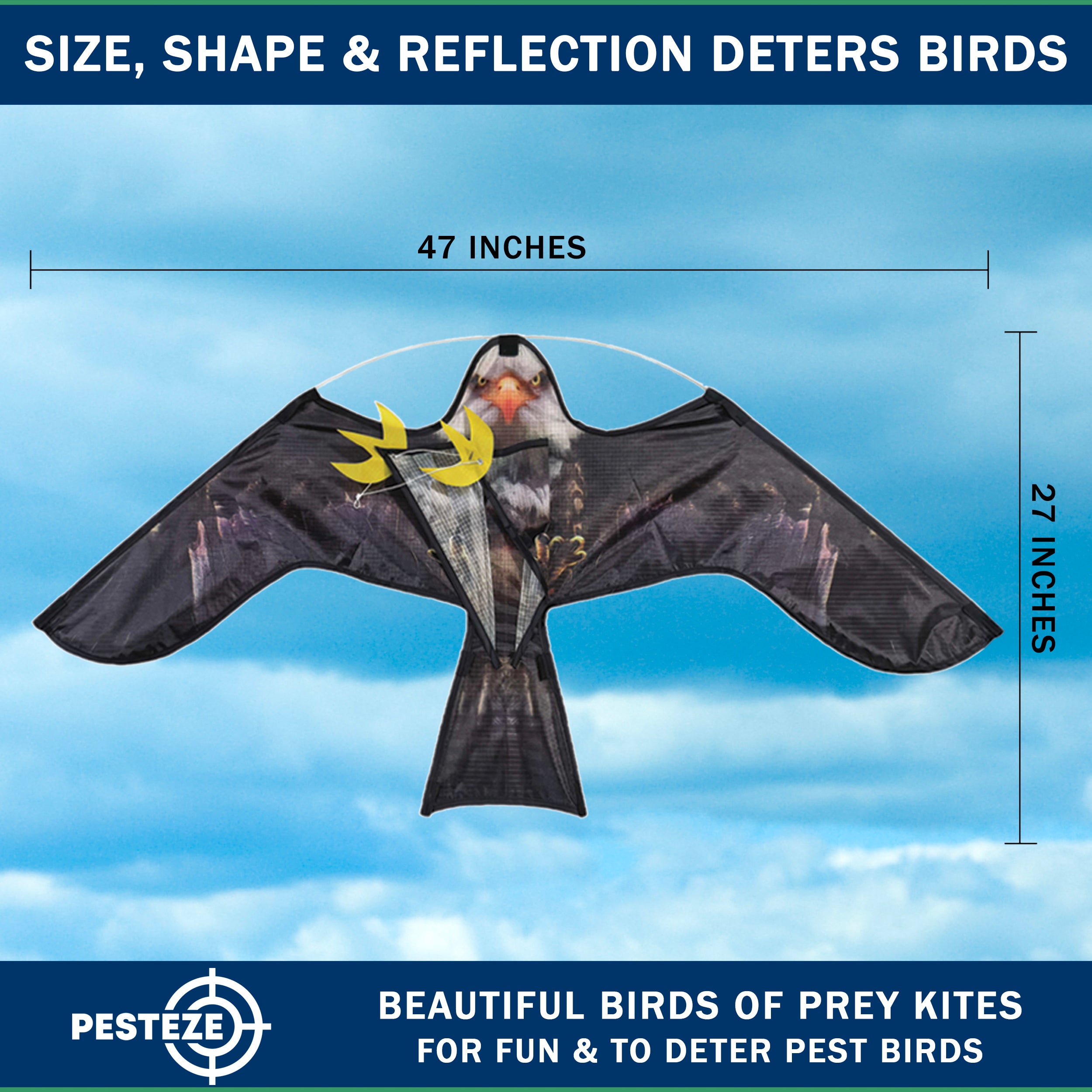 PESTEZE® USA Realistic Eagle Kite 47x27 Inch . EZ to Fly Fun. Provides Humane Bird Deterrence in Yards & Farms. Protects Vegetables, Fruits & Crops from Pest Birds