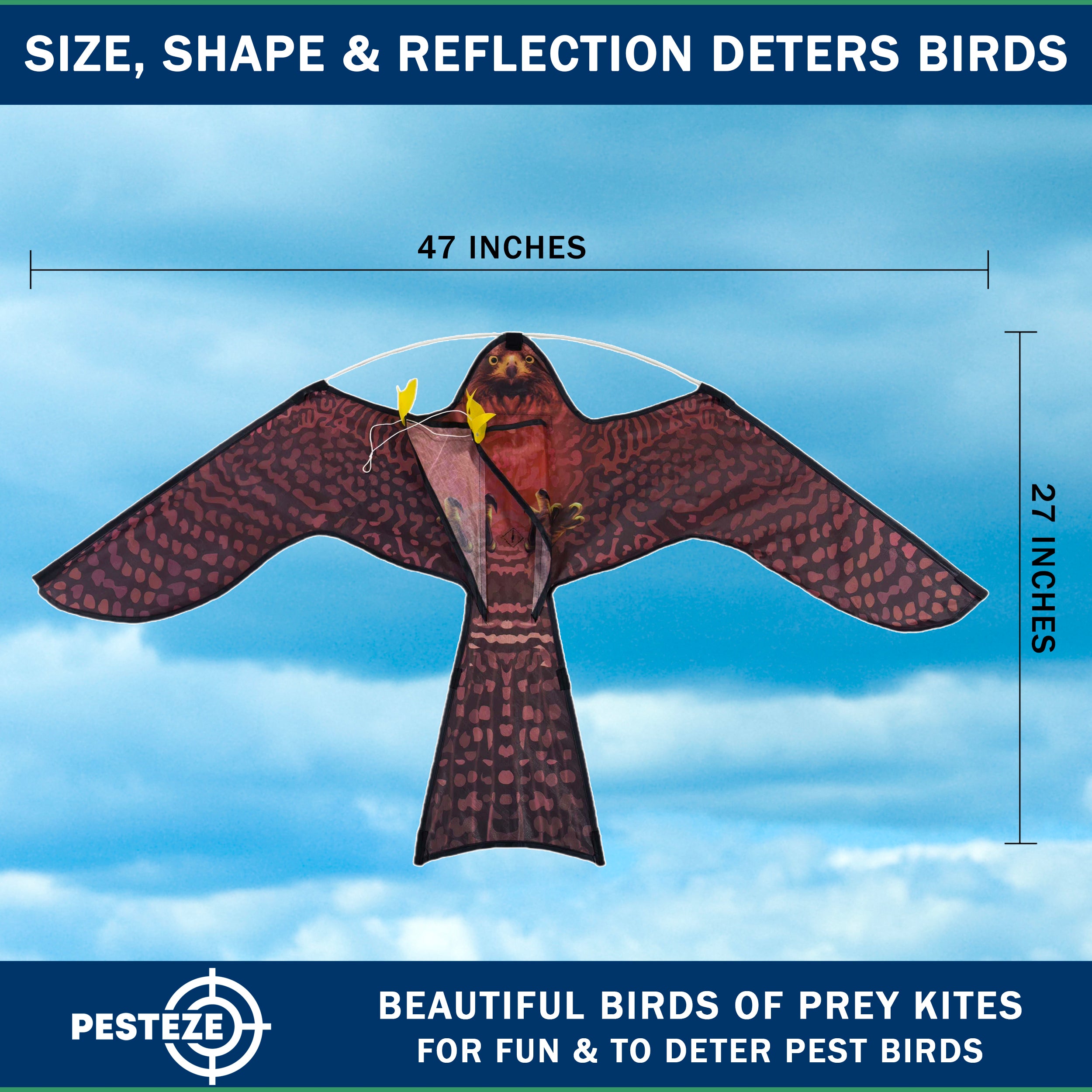 PESTEZE® USA Realistic Hawk Kite [47x27 Inch] EZ & Fun to Fly. Also Provides Humane Bird Deterrence in Yards & Farms. Protects Vegetables, Fruits & Crops from Pest Birds & Critters